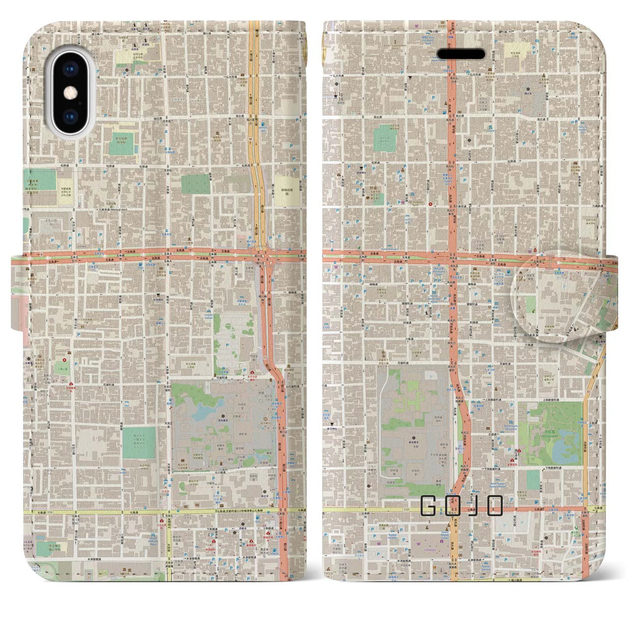 【五条(京都府)】地図柄iPhoneケース(手帳タイプ)ナチュラル・iPhone XS Max 用