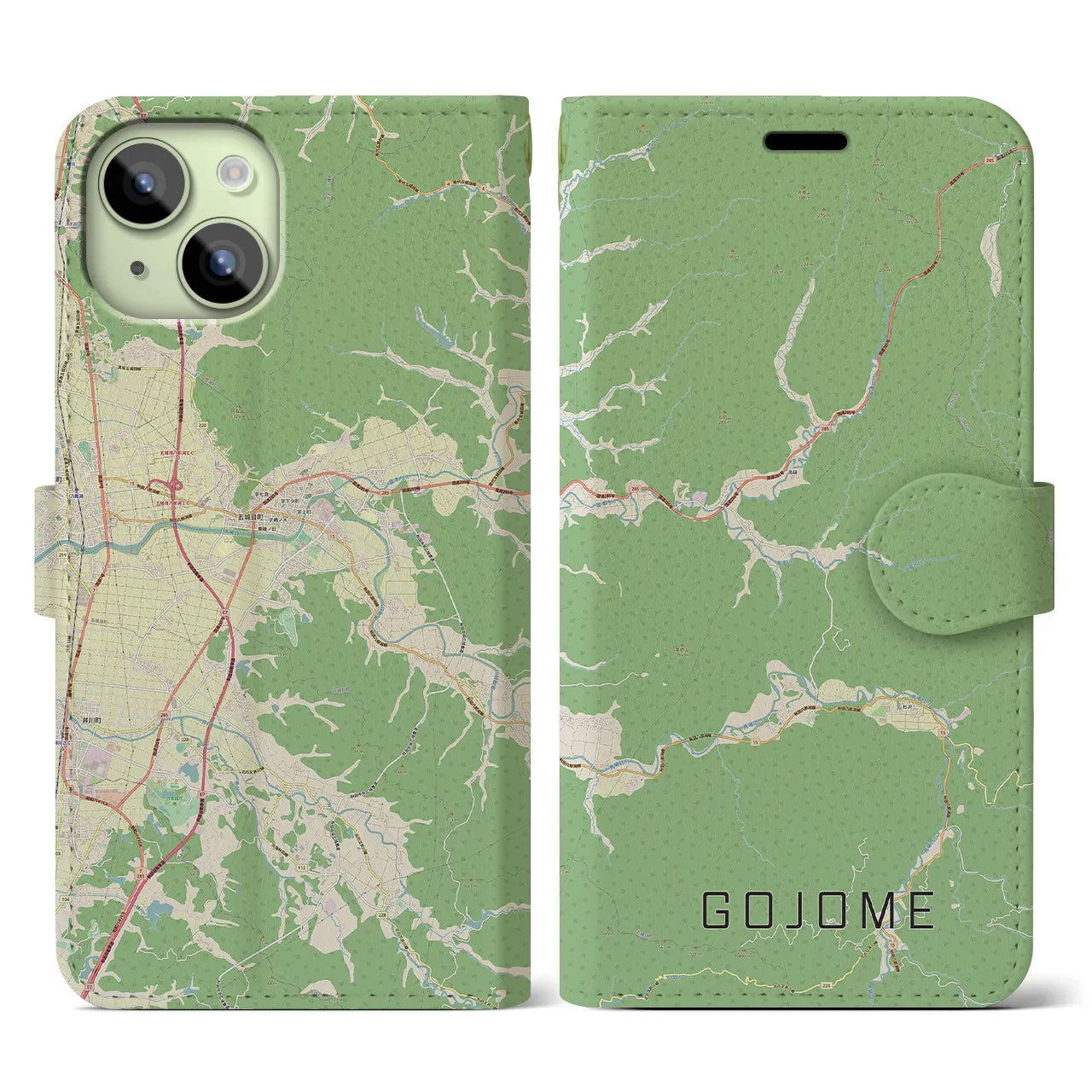 【五城目(秋田県)】地図柄iPhoneケース(手帳タイプ)ナチュラル・iPhone 15 用