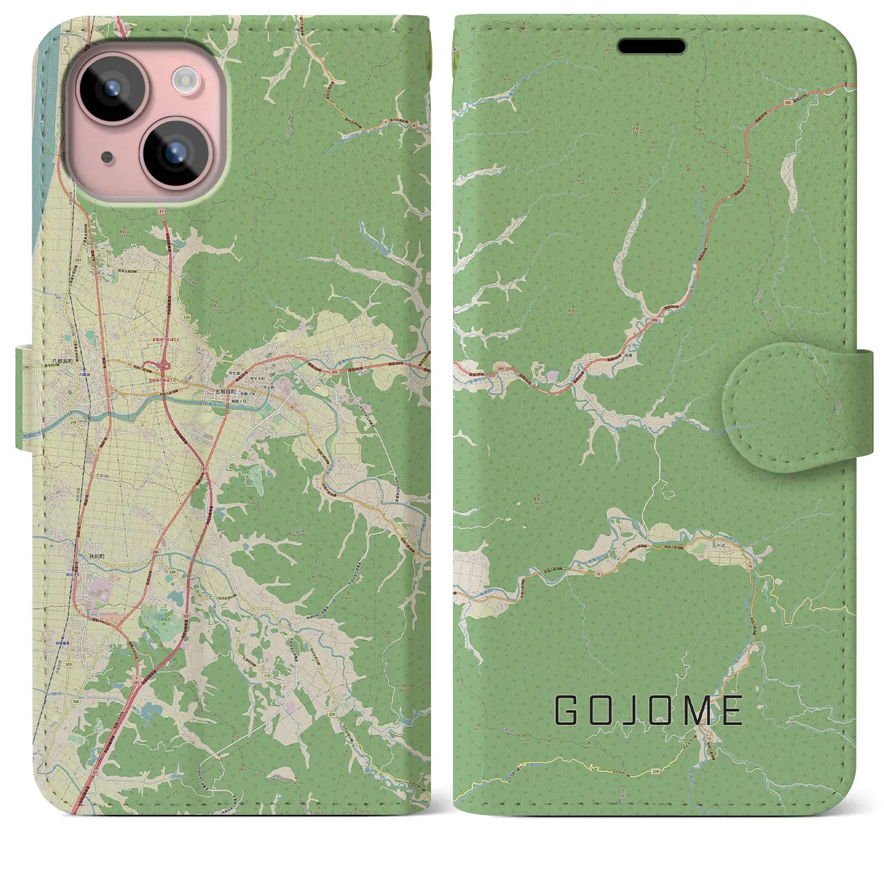 【五城目(秋田県)】地図柄iPhoneケース(手帳タイプ)ナチュラル・iPhone 15 Plus 用