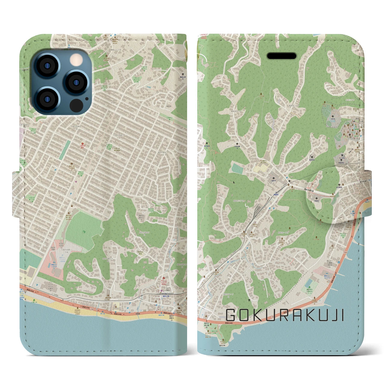 【極楽寺(神奈川県)】地図柄iPhoneケース(手帳タイプ)ナチュラル・iPhone 12 / 12 Pro 用