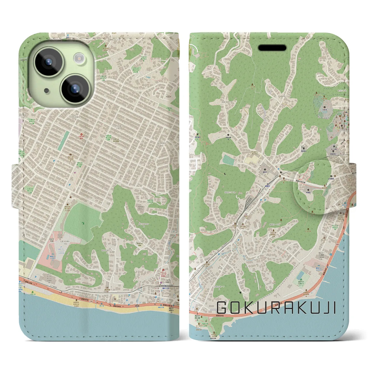 【極楽寺(神奈川県)】地図柄iPhoneケース(手帳タイプ)ナチュラル・iPhone 15 用