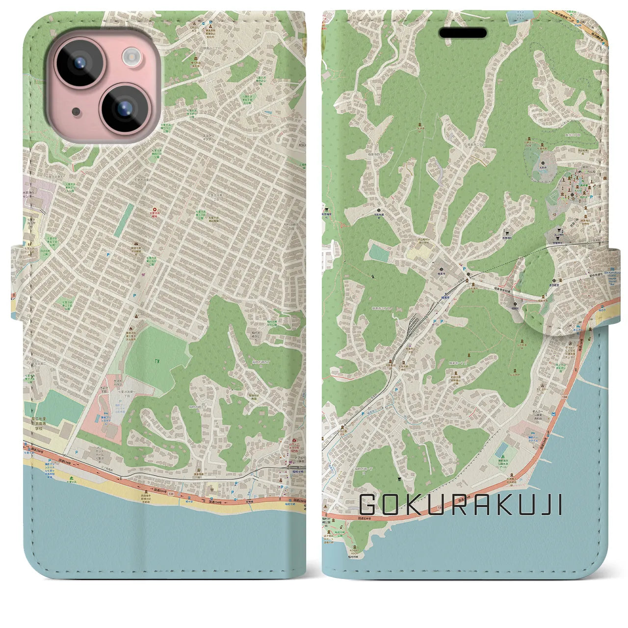 【極楽寺(神奈川県)】地図柄iPhoneケース(手帳タイプ)ナチュラル・iPhone 15 Plus 用