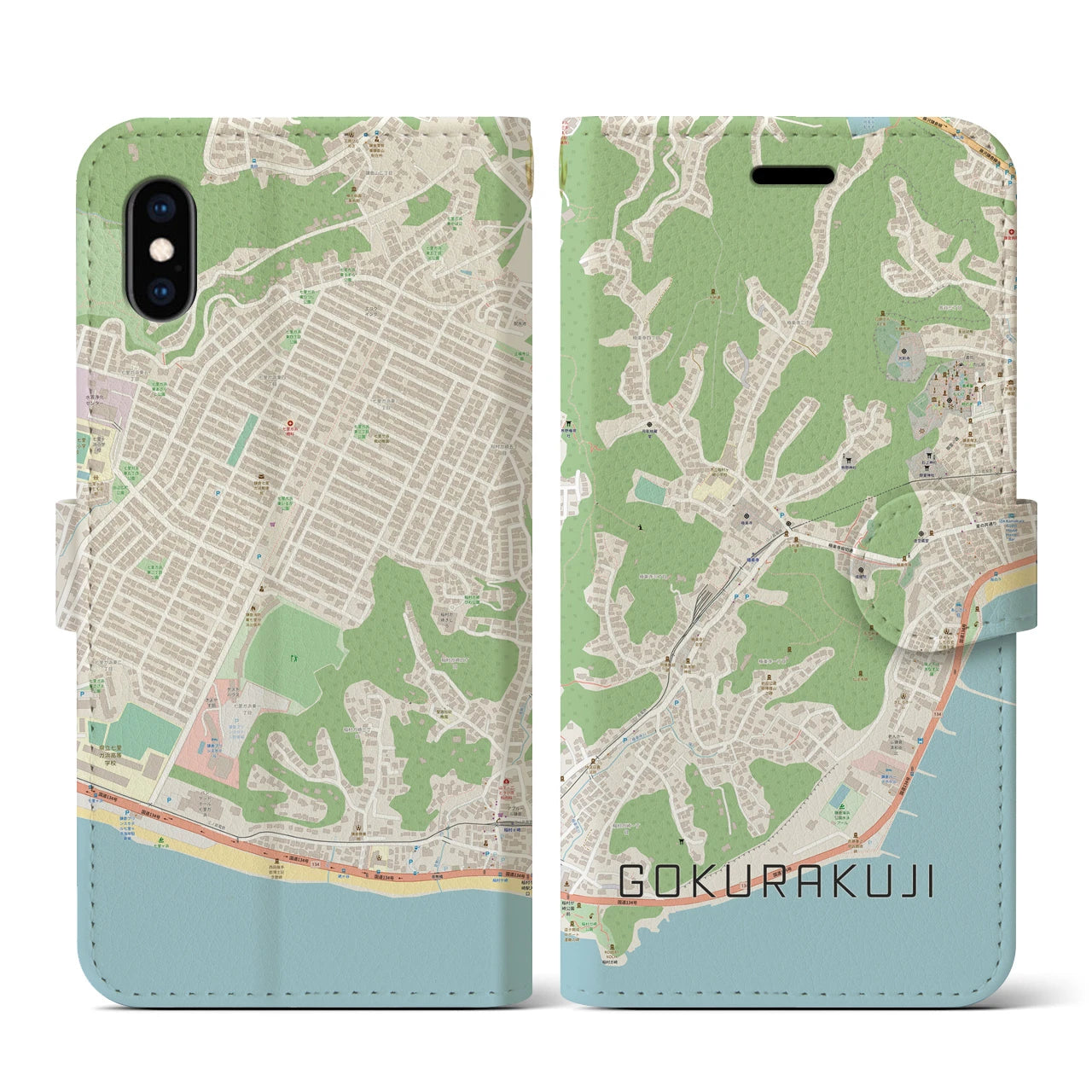 【極楽寺(神奈川県)】地図柄iPhoneケース(手帳タイプ)ナチュラル・iPhone XS / X 用