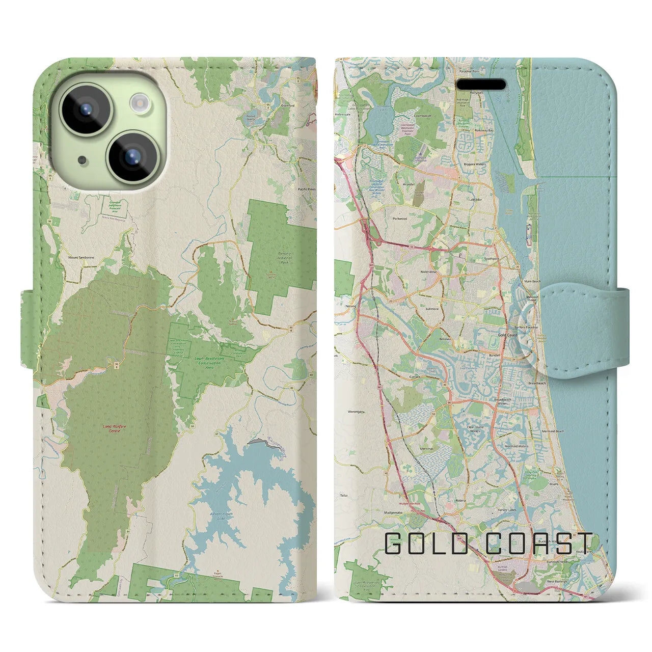 【ゴールドコースト(オーストラリア)】地図柄iPhoneケース(手帳タイプ)ナチュラル・iPhone 15 用