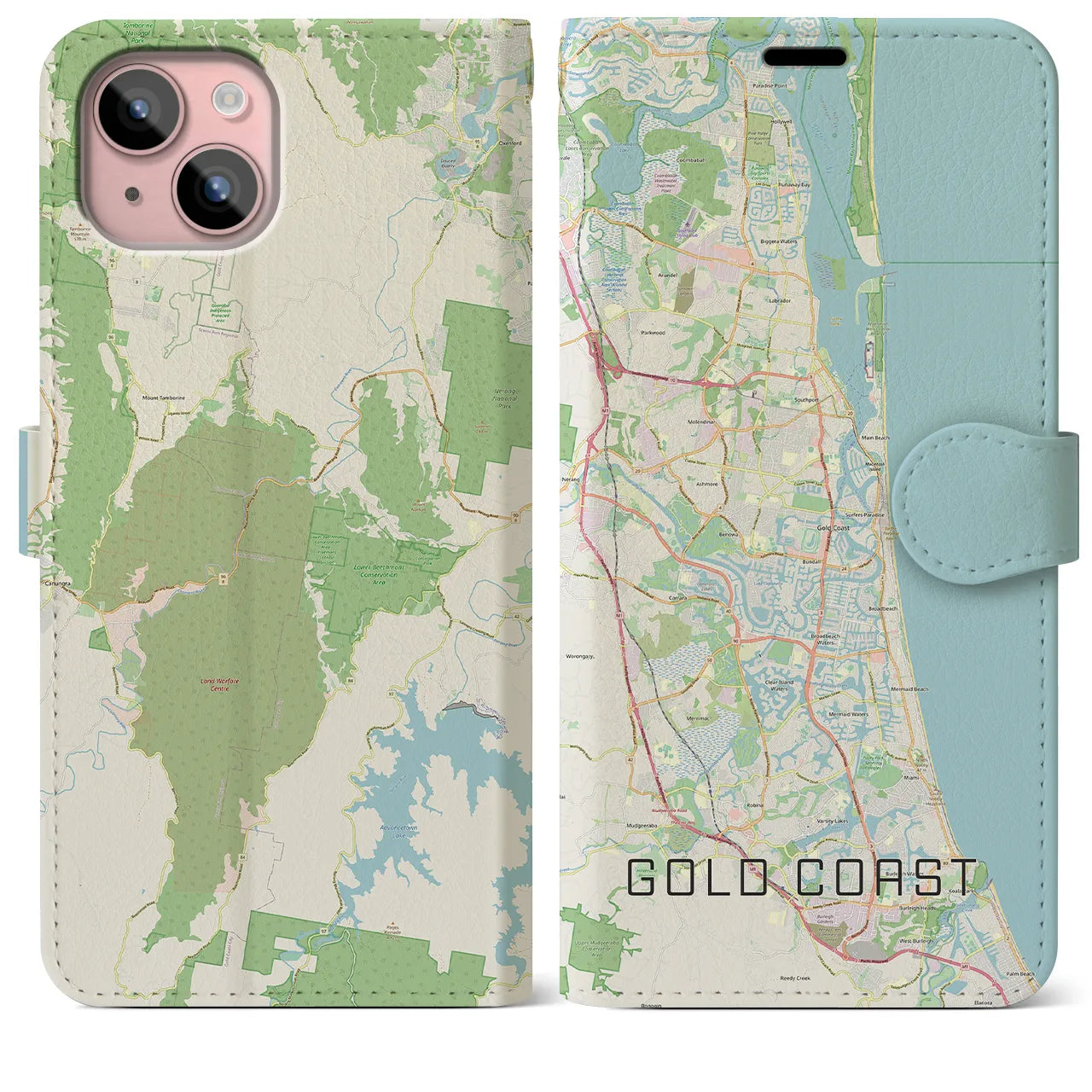 【ゴールドコースト(オーストラリア)】地図柄iPhoneケース(手帳タイプ)ナチュラル・iPhone 15 Plus 用