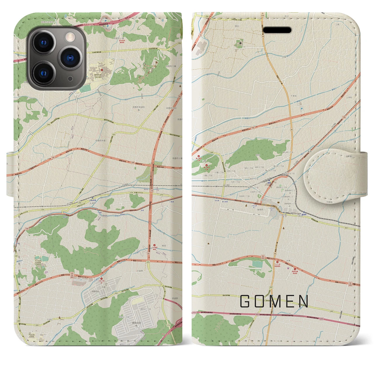 【後免(高知県)】地図柄iPhoneケース(手帳タイプ)ナチュラル・iPhone 11 Pro Max 用