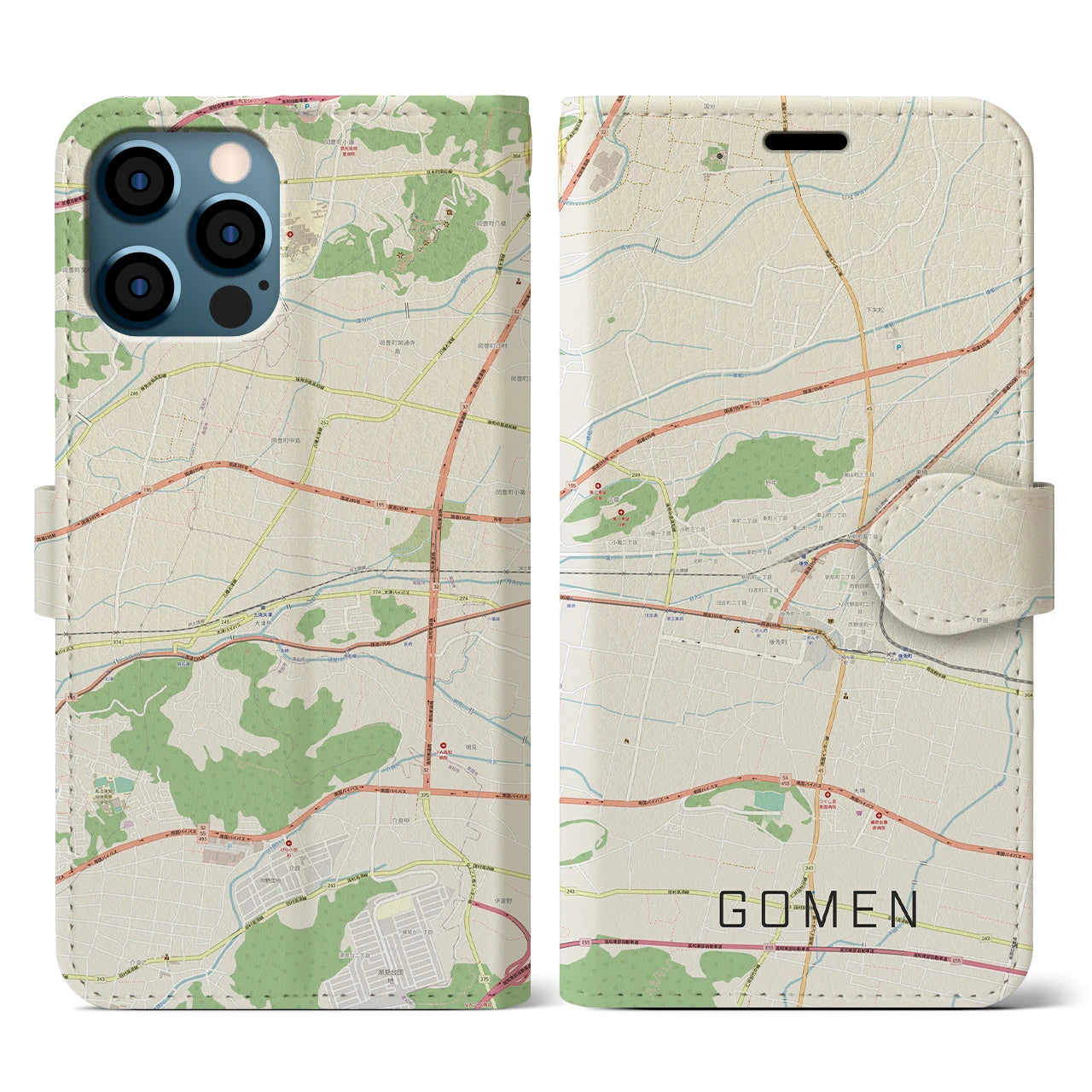 【後免(高知県)】地図柄iPhoneケース(手帳タイプ)ナチュラル・iPhone 12 / 12 Pro 用