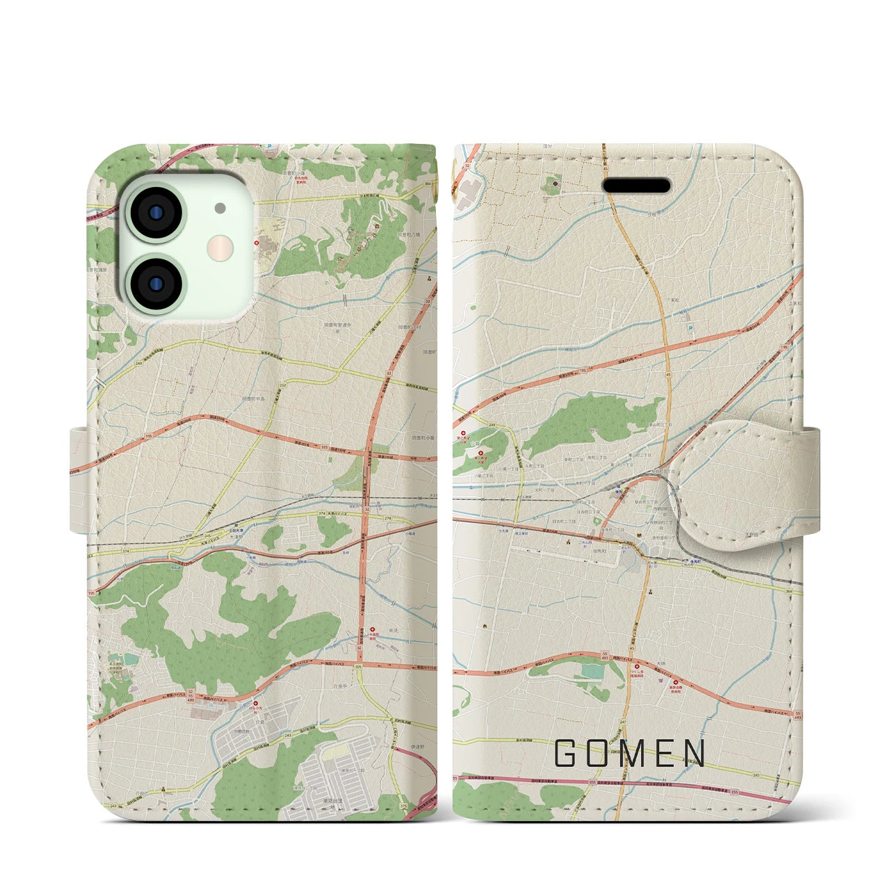 【後免(高知県)】地図柄iPhoneケース(手帳タイプ)ナチュラル・iPhone 12 mini 用