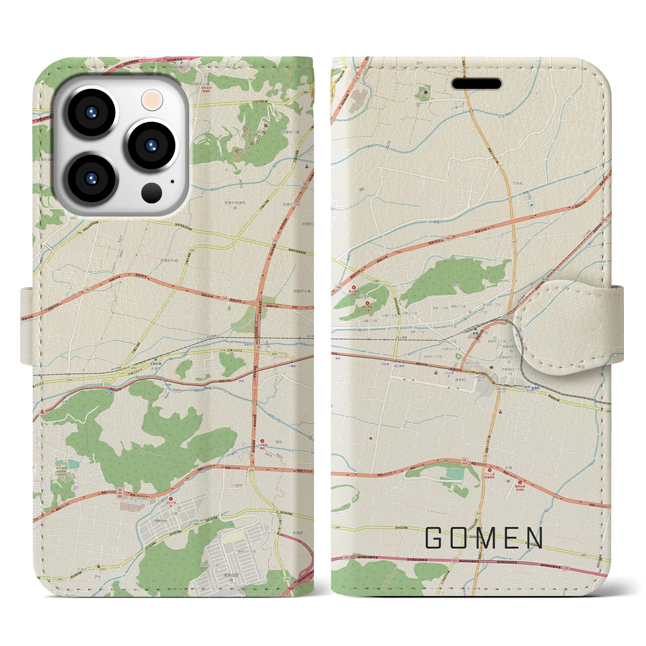 【後免(高知県)】地図柄iPhoneケース(手帳タイプ)ナチュラル・iPhone 13 Pro 用