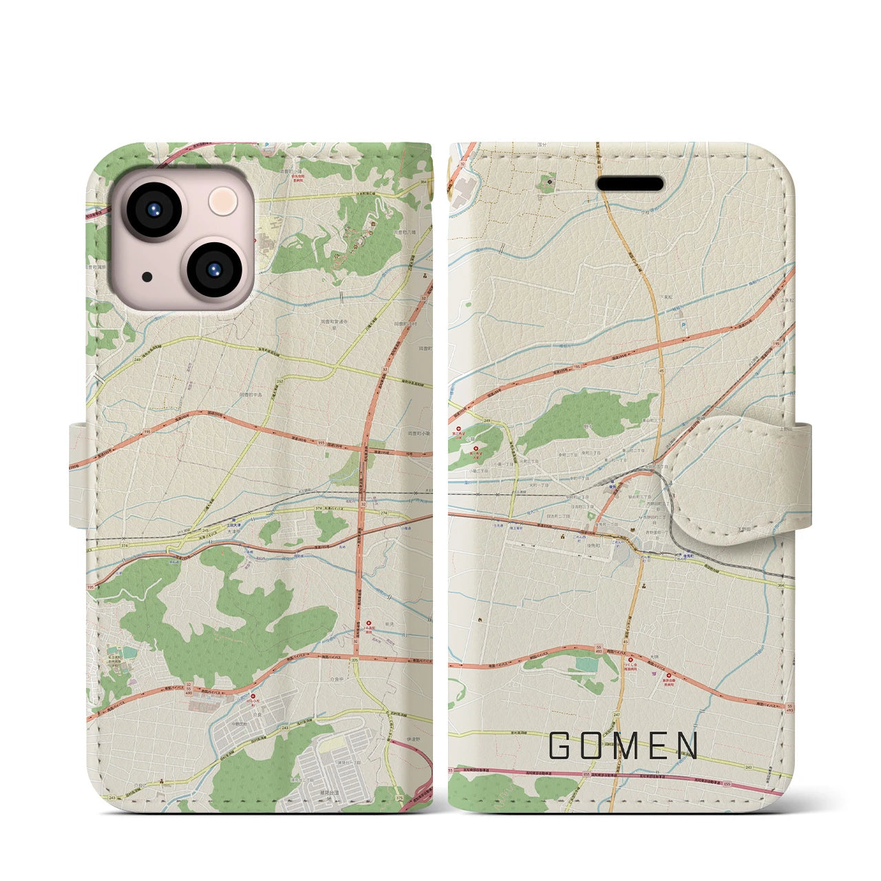 【後免(高知県)】地図柄iPhoneケース(手帳タイプ)ナチュラル・iPhone 13 mini 用