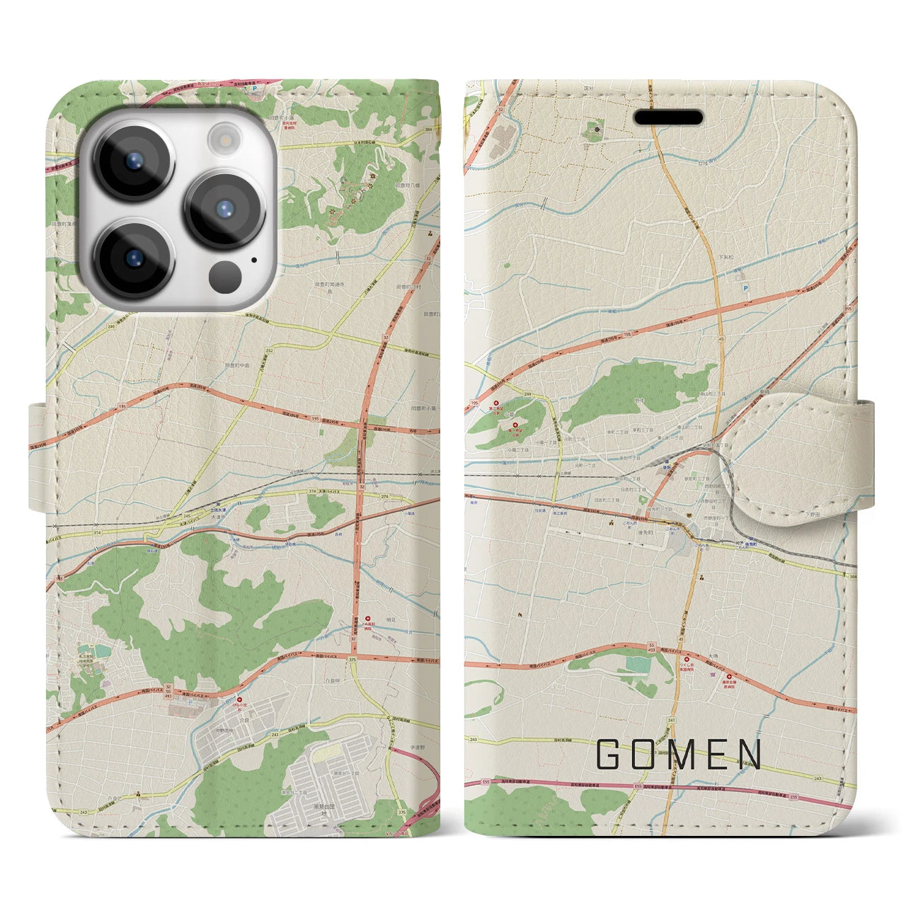 【後免(高知県)】地図柄iPhoneケース(手帳タイプ)ナチュラル・iPhone 14 Pro 用