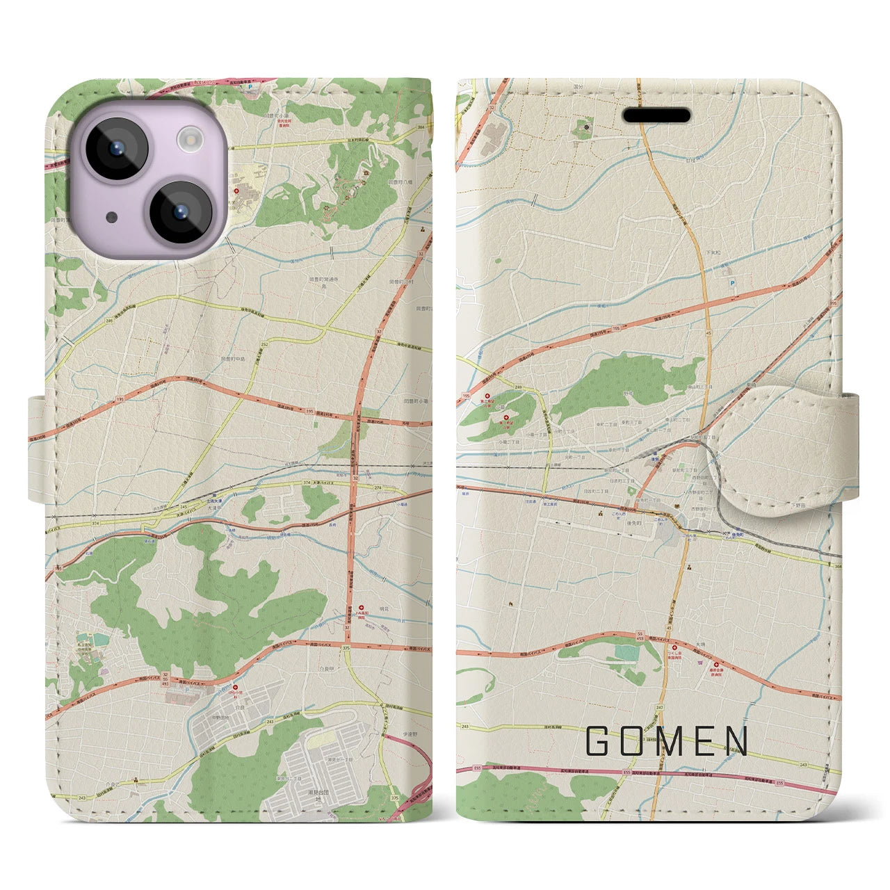 【後免(高知県)】地図柄iPhoneケース(手帳タイプ)ナチュラル・iPhone 14 用