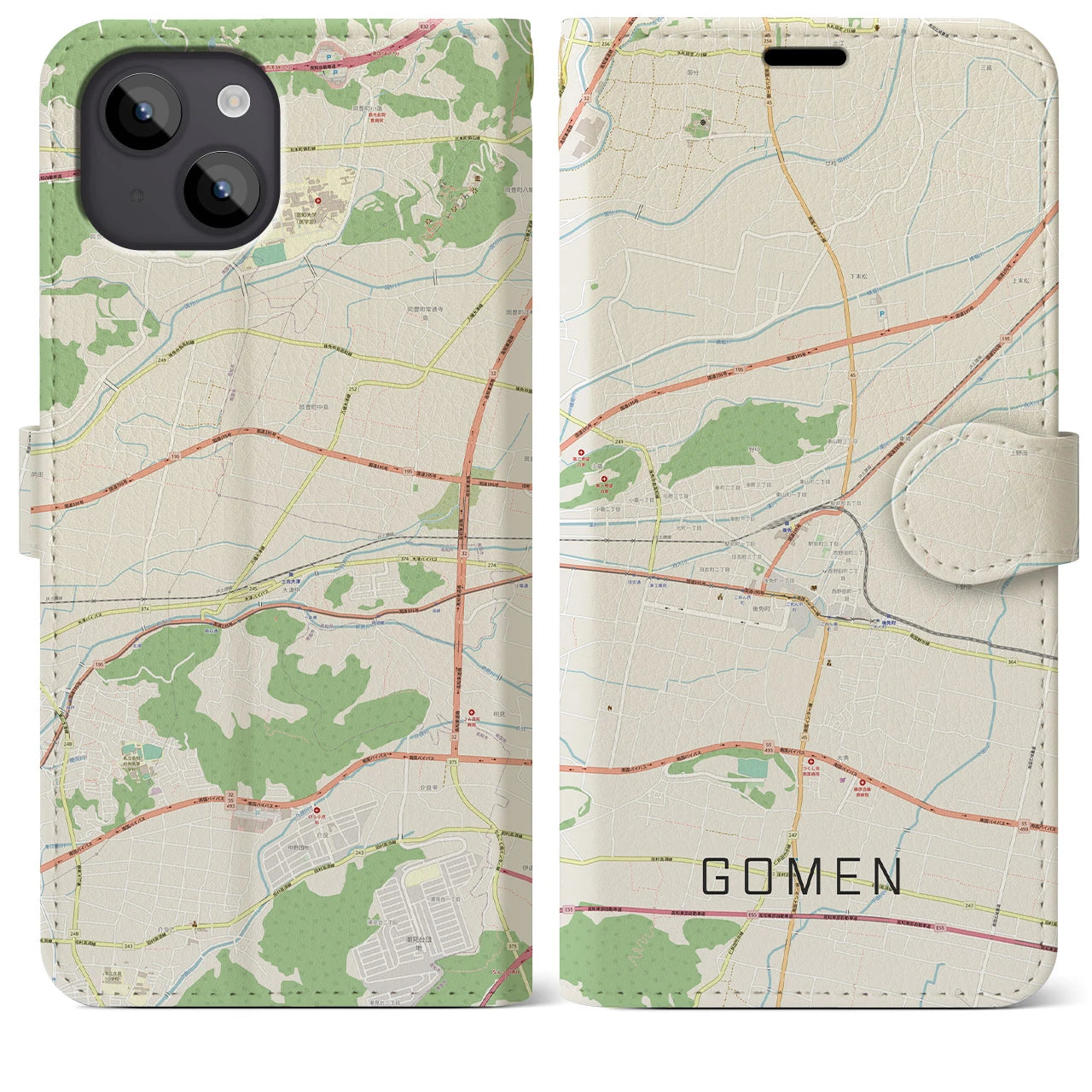 【後免(高知県)】地図柄iPhoneケース(手帳タイプ)ナチュラル・iPhone 14 Plus 用