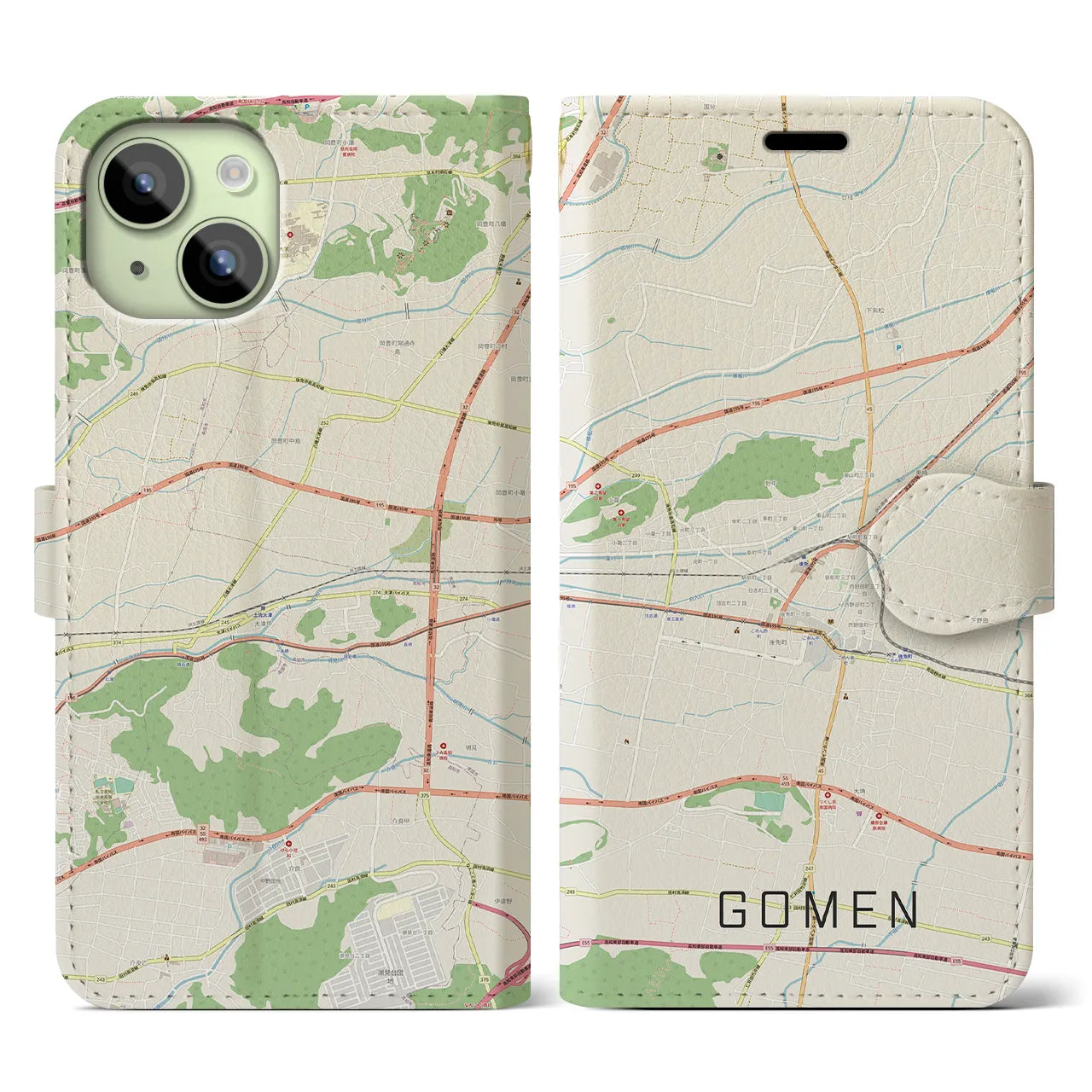 【後免(高知県)】地図柄iPhoneケース(手帳タイプ)ナチュラル・iPhone 15 用