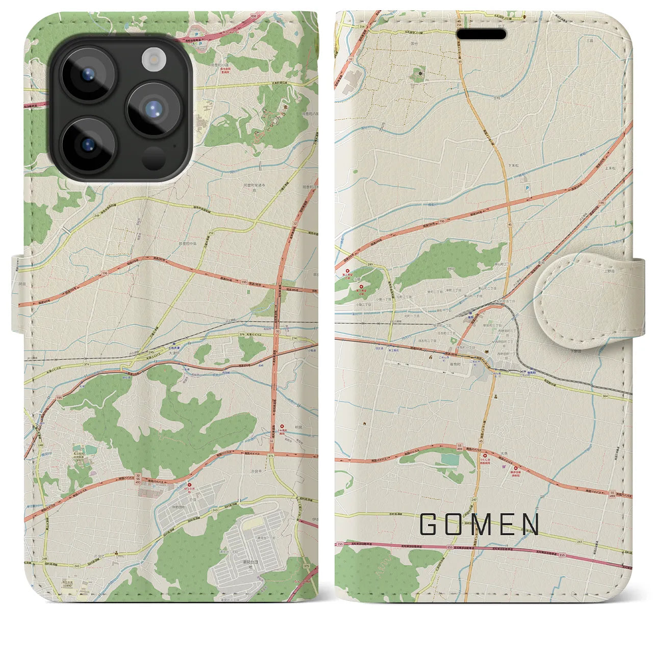 【後免(高知県)】地図柄iPhoneケース(手帳タイプ)ナチュラル・iPhone 15 Pro Max 用
