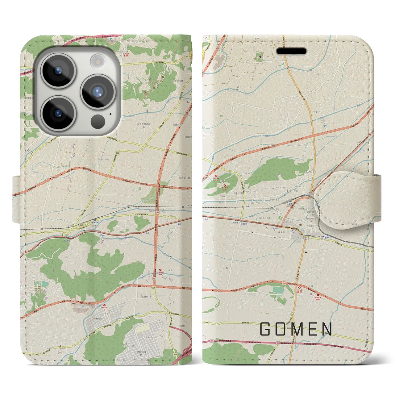 【後免(高知県)】地図柄iPhoneケース(手帳タイプ)ナチュラル・iPhone 15 Pro 用