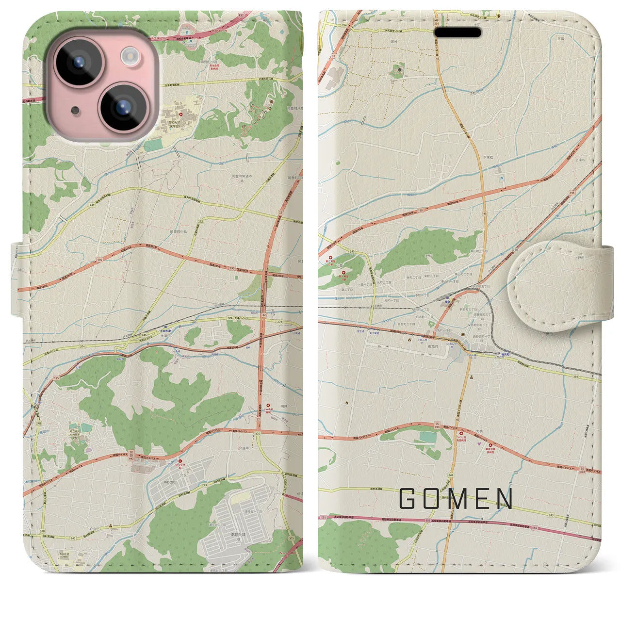【後免(高知県)】地図柄iPhoneケース(手帳タイプ)ナチュラル・iPhone 15 Plus 用