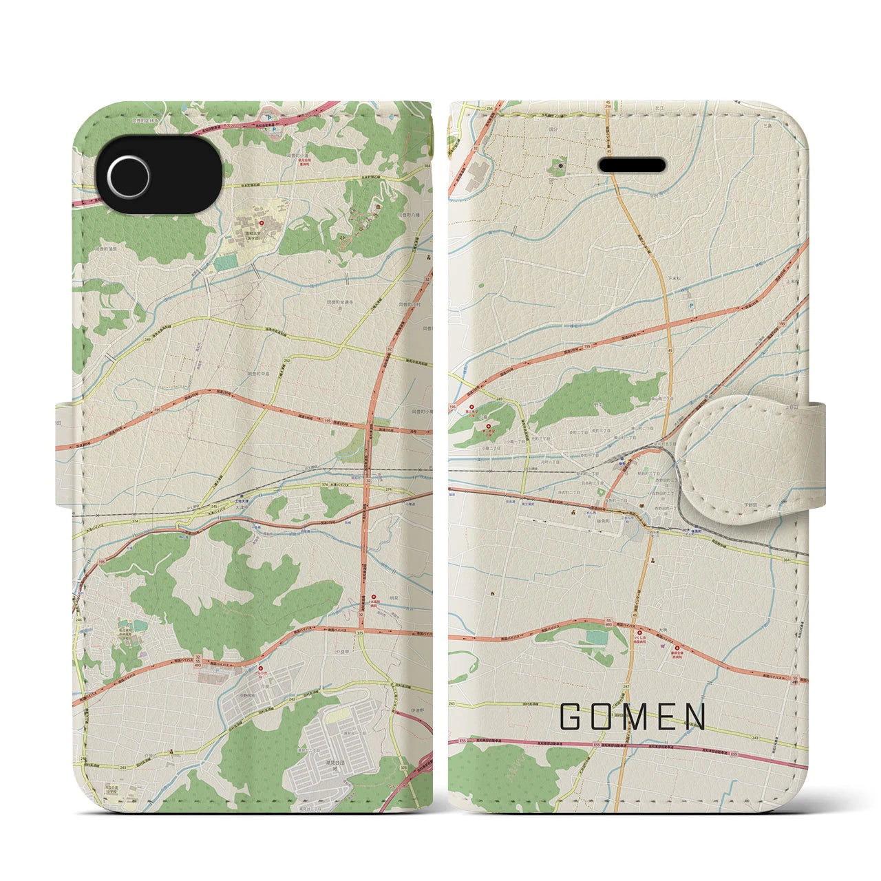 【後免(高知県)】地図柄iPhoneケース(手帳タイプ)ナチュラル・iPhone SE(第3 / 第2世代) / 8 / 7 / 6s / 6 用