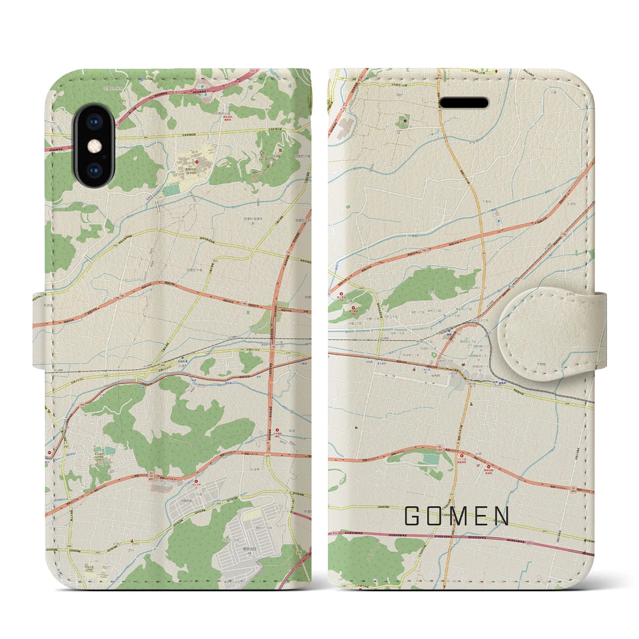 【後免(高知県)】地図柄iPhoneケース(手帳タイプ)ナチュラル・iPhone XS / X 用