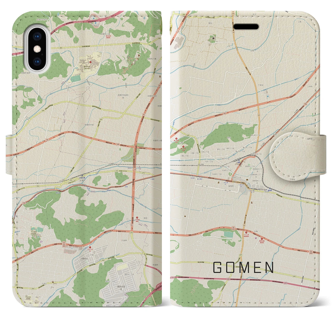 【後免(高知県)】地図柄iPhoneケース(手帳タイプ)ナチュラル・iPhone XS Max 用