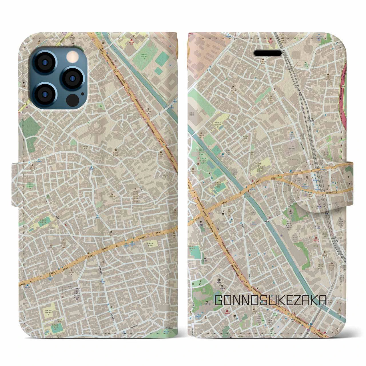 【権之助坂(東京都)】地図柄iPhoneケース(手帳タイプ)ナチュラル・iPhone 12 / 12 Pro 用