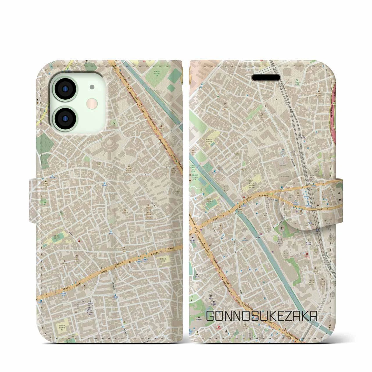 【権之助坂(東京都)】地図柄iPhoneケース(手帳タイプ)ナチュラル・iPhone 12 mini 用