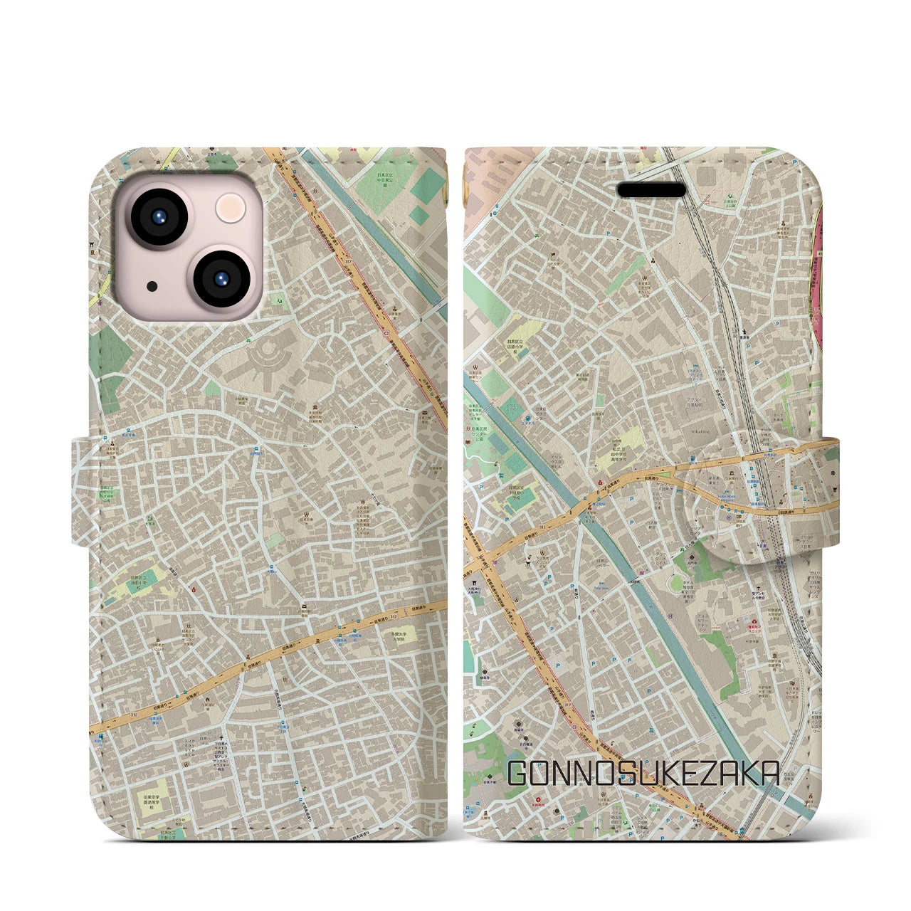 【権之助坂(東京都)】地図柄iPhoneケース(手帳タイプ)ナチュラル・iPhone 13 mini 用