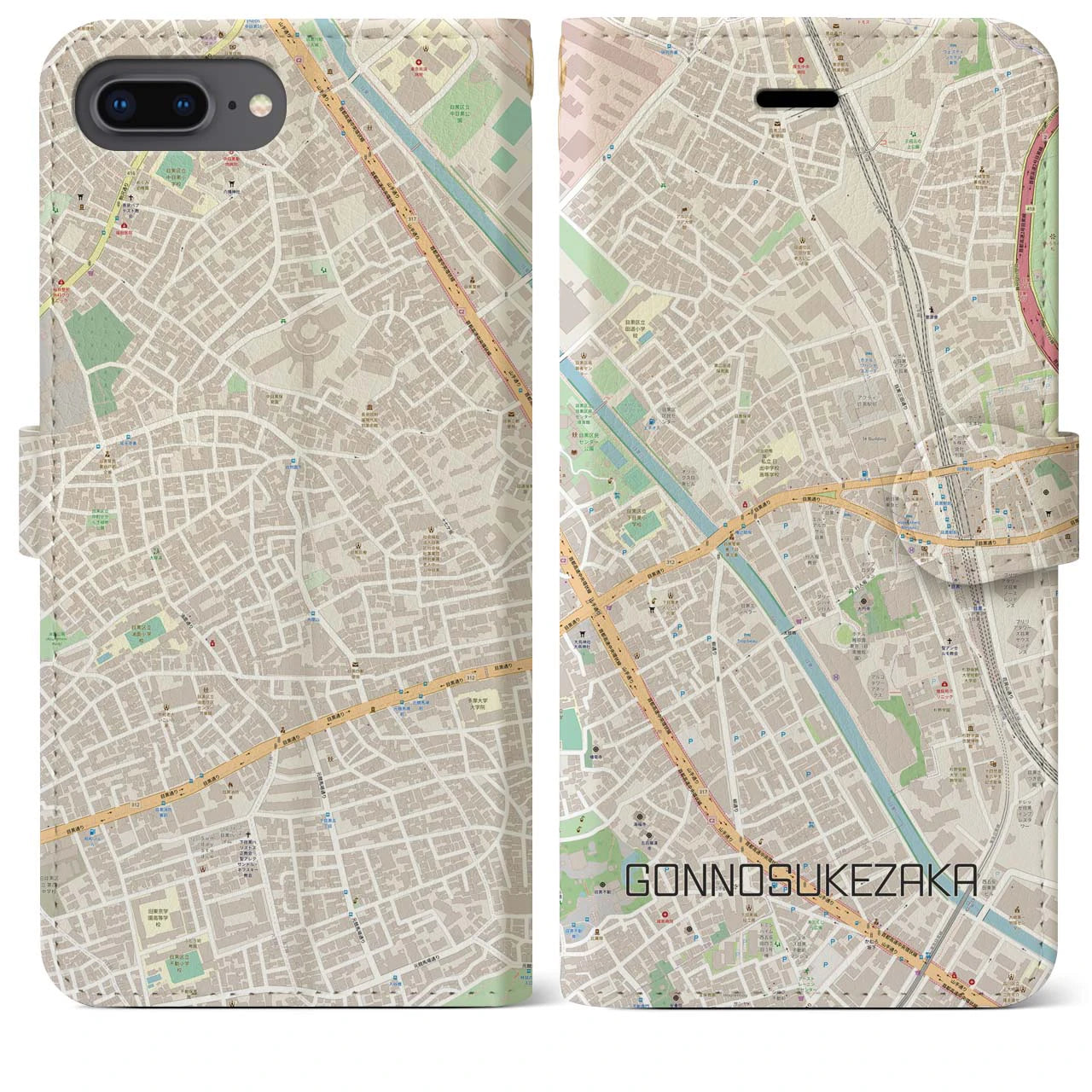 【権之助坂(東京都)】地図柄iPhoneケース(手帳タイプ)ナチュラル・iPhone 8Plus /7Plus / 6sPlus / 6Plus 用