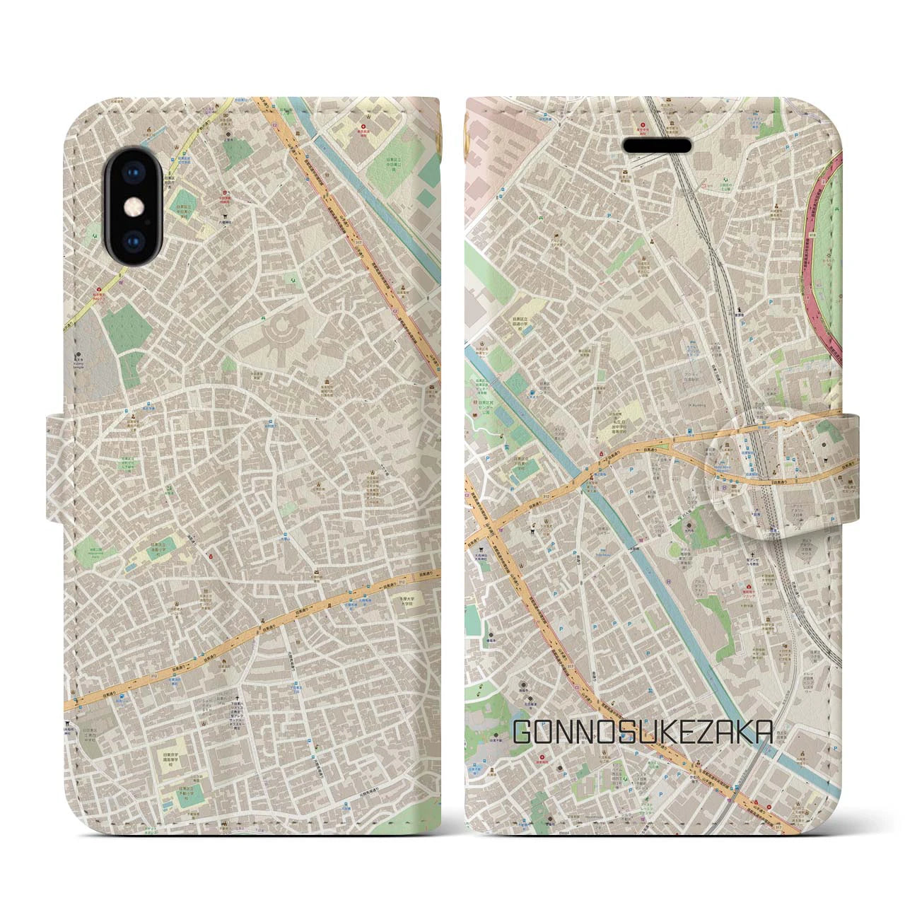 【権之助坂(東京都)】地図柄iPhoneケース(手帳タイプ)ナチュラル・iPhone XS / X 用
