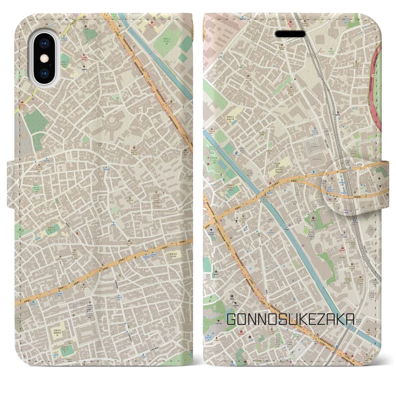 【権之助坂(東京都)】地図柄iPhoneケース(手帳タイプ)ナチュラル・iPhone XS Max 用