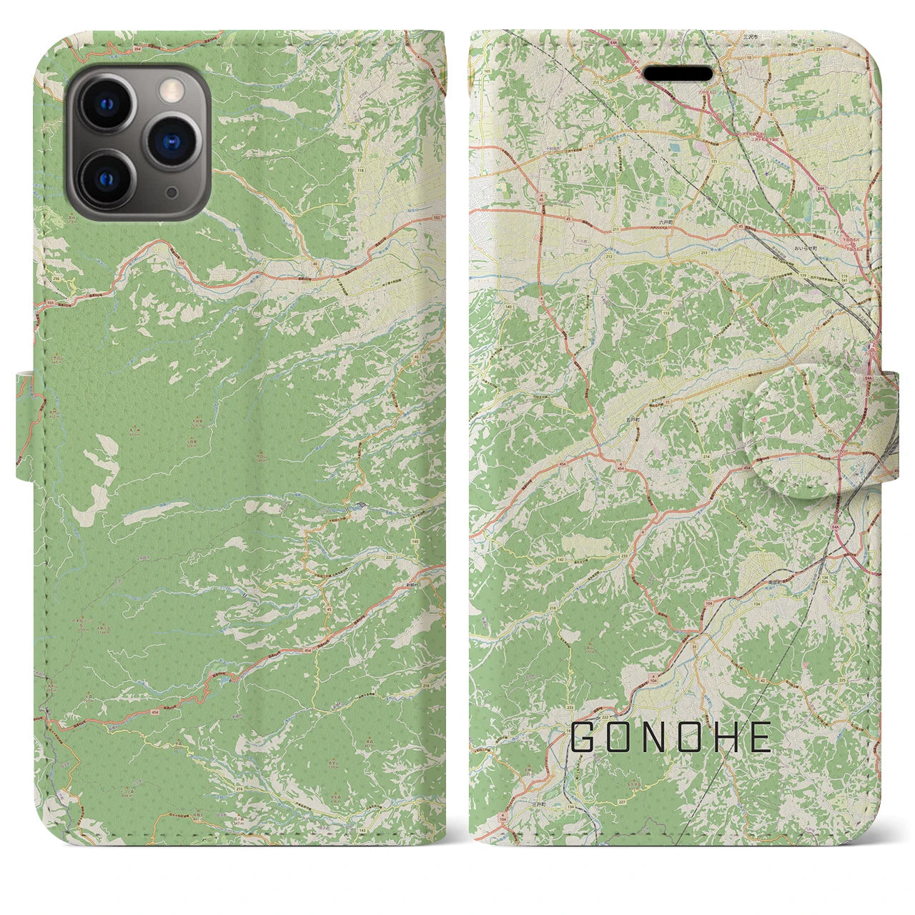 【五戸(青森県)】地図柄iPhoneケース(手帳タイプ)ナチュラル・iPhone 11 Pro Max 用
