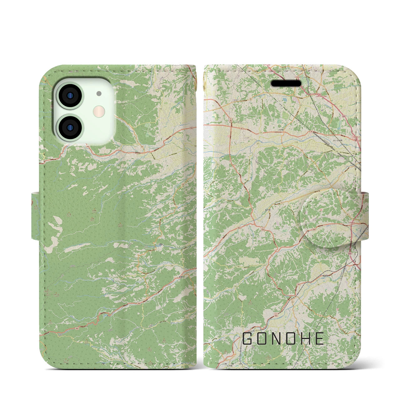 【五戸(青森県)】地図柄iPhoneケース(手帳タイプ)ナチュラル・iPhone 12 mini 用