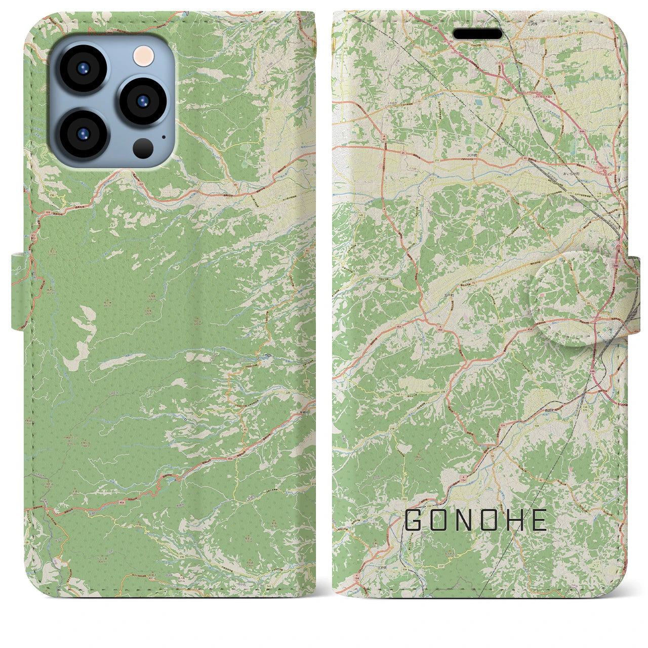 【五戸(青森県)】地図柄iPhoneケース(手帳タイプ)ナチュラル・iPhone 13 Pro Max 用