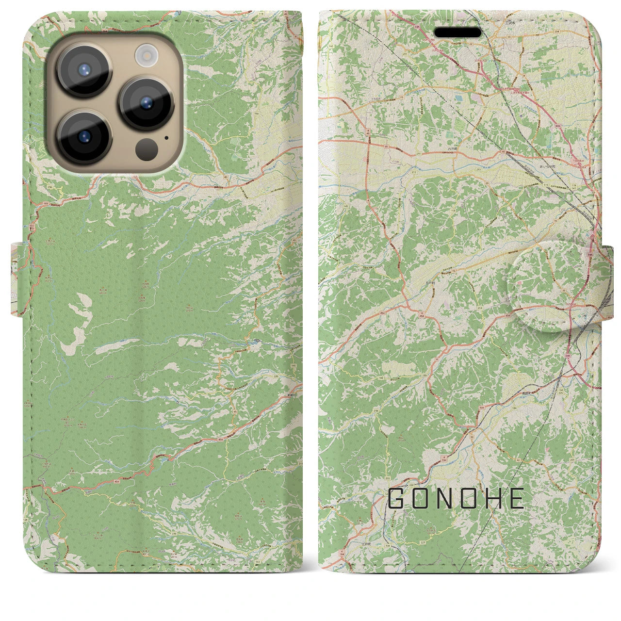 【五戸(青森県)】地図柄iPhoneケース(手帳タイプ)ナチュラル・iPhone 14 Pro Max 用