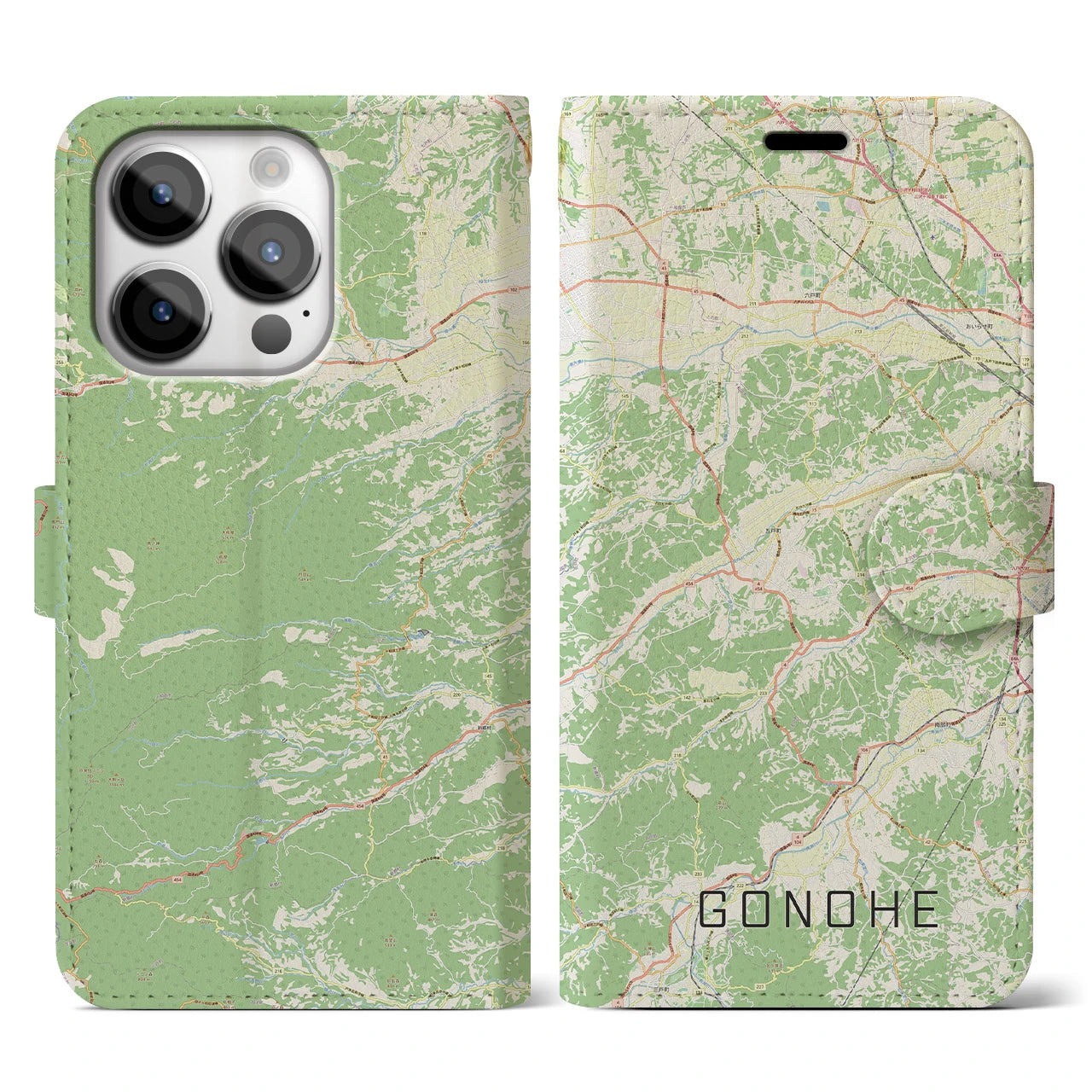 【五戸(青森県)】地図柄iPhoneケース(手帳タイプ)ナチュラル・iPhone 14 Pro 用
