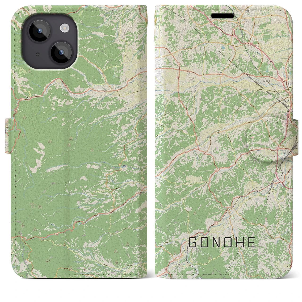 【五戸(青森県)】地図柄iPhoneケース(手帳タイプ)ナチュラル・iPhone 14 Plus 用