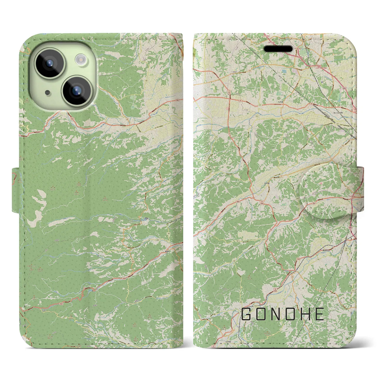【五戸(青森県)】地図柄iPhoneケース(手帳タイプ)ナチュラル・iPhone 15 用