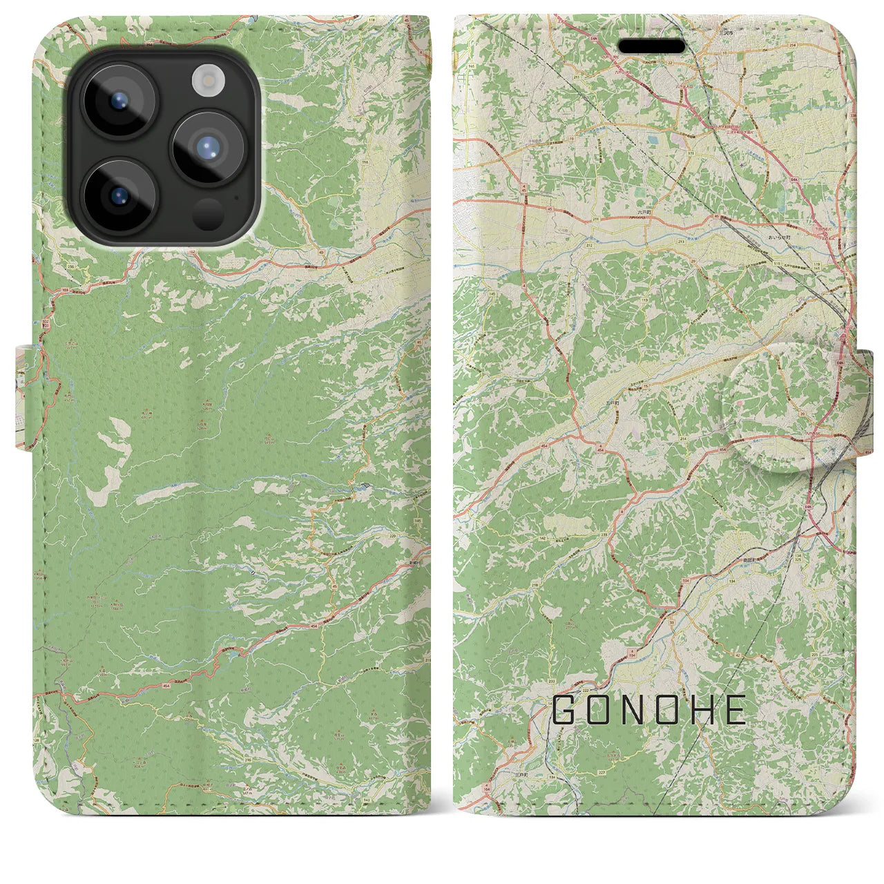 【五戸(青森県)】地図柄iPhoneケース(手帳タイプ)ナチュラル・iPhone 15 Pro Max 用