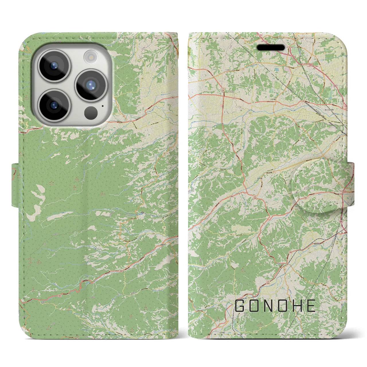 【五戸(青森県)】地図柄iPhoneケース(手帳タイプ)ナチュラル・iPhone 15 Pro 用