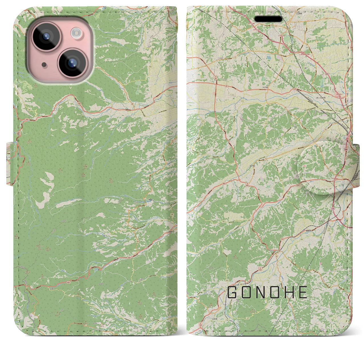 【五戸(青森県)】地図柄iPhoneケース(手帳タイプ)ナチュラル・iPhone 15 Plus 用