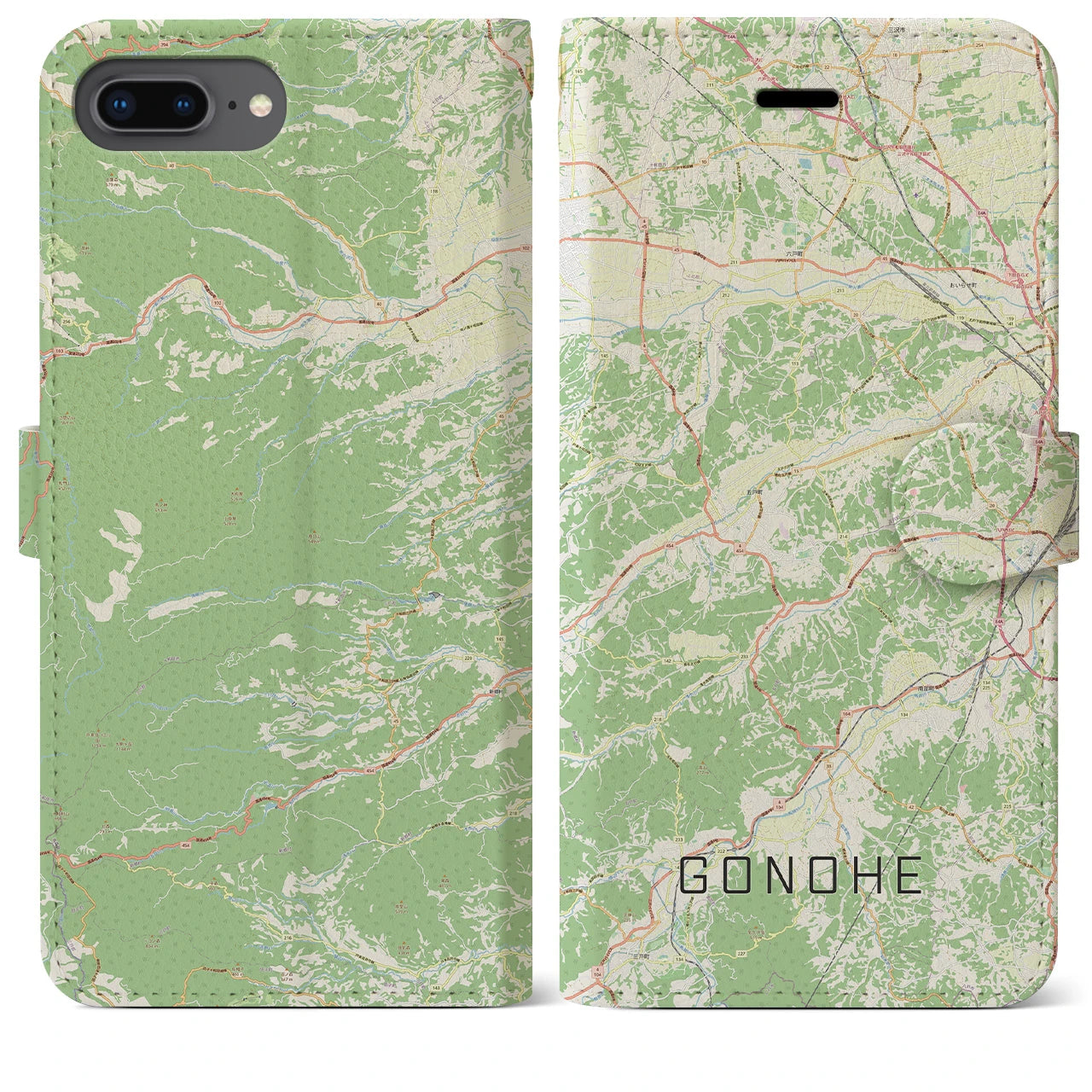 【五戸(青森県)】地図柄iPhoneケース(手帳タイプ)ナチュラル・iPhone 8Plus /7Plus / 6sPlus / 6Plus 用