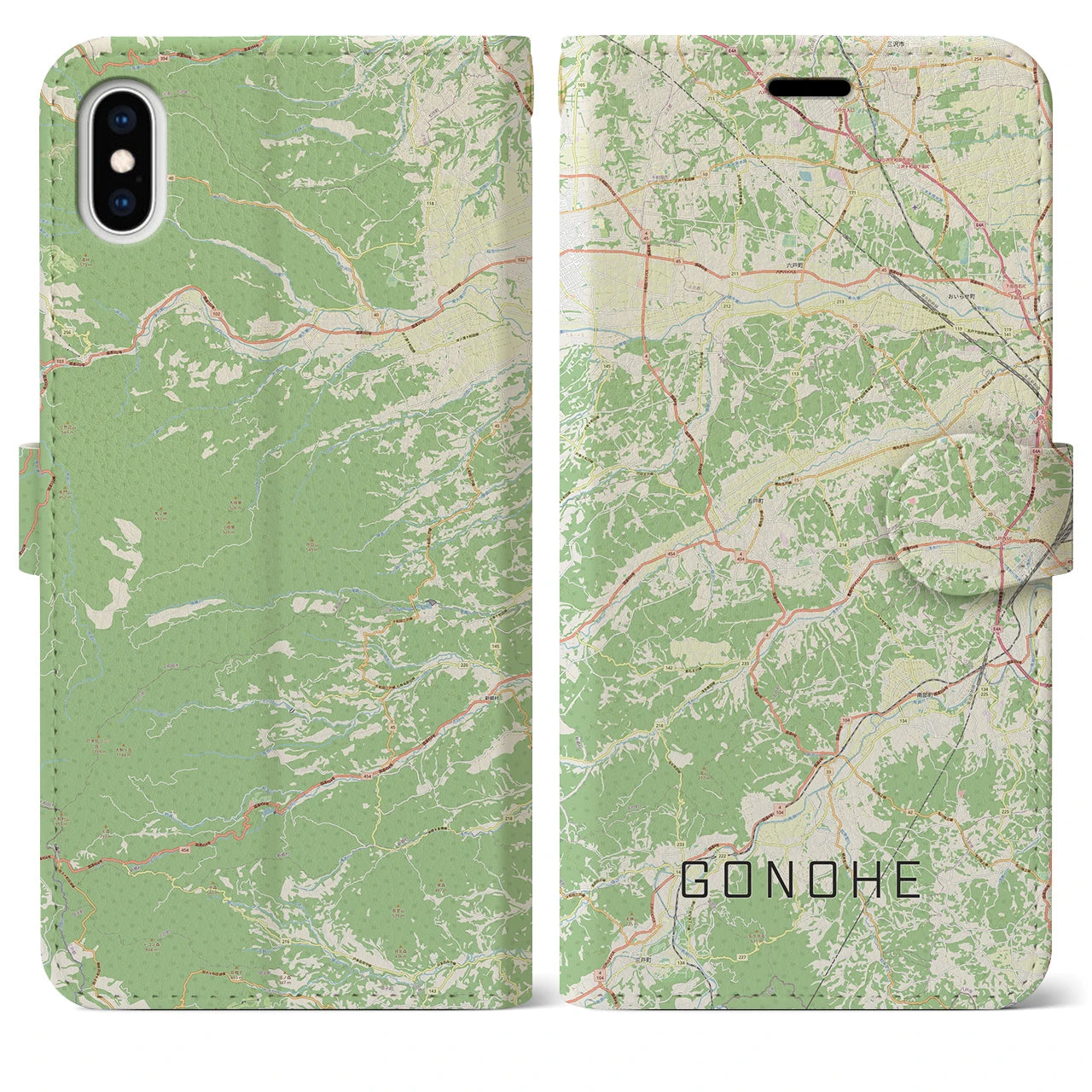 【五戸(青森県)】地図柄iPhoneケース(手帳タイプ)ナチュラル・iPhone XS Max 用