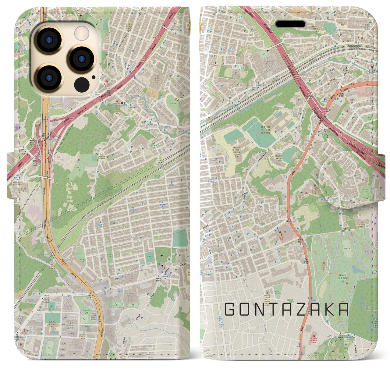 【権太坂(神奈川県)】地図柄iPhoneケース(手帳タイプ)ナチュラル・iPhone 12 Pro Max 用