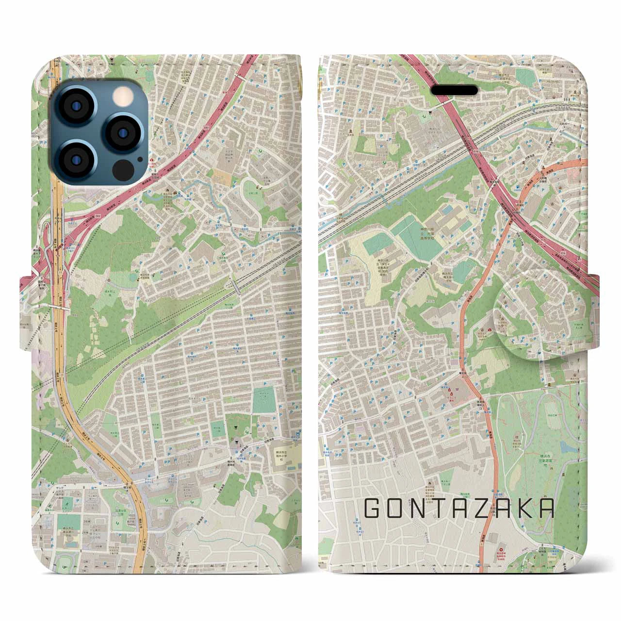 【権太坂(神奈川県)】地図柄iPhoneケース(手帳タイプ)ナチュラル・iPhone 12 / 12 Pro 用
