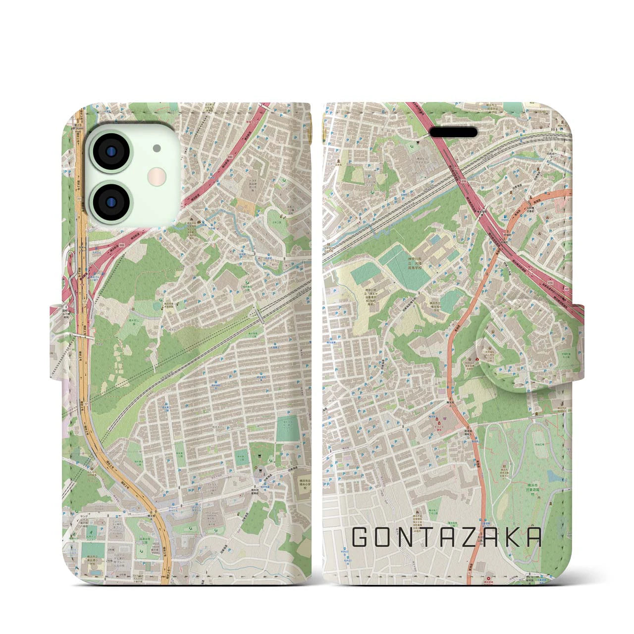 【権太坂(神奈川県)】地図柄iPhoneケース(手帳タイプ)ナチュラル・iPhone 12 mini 用