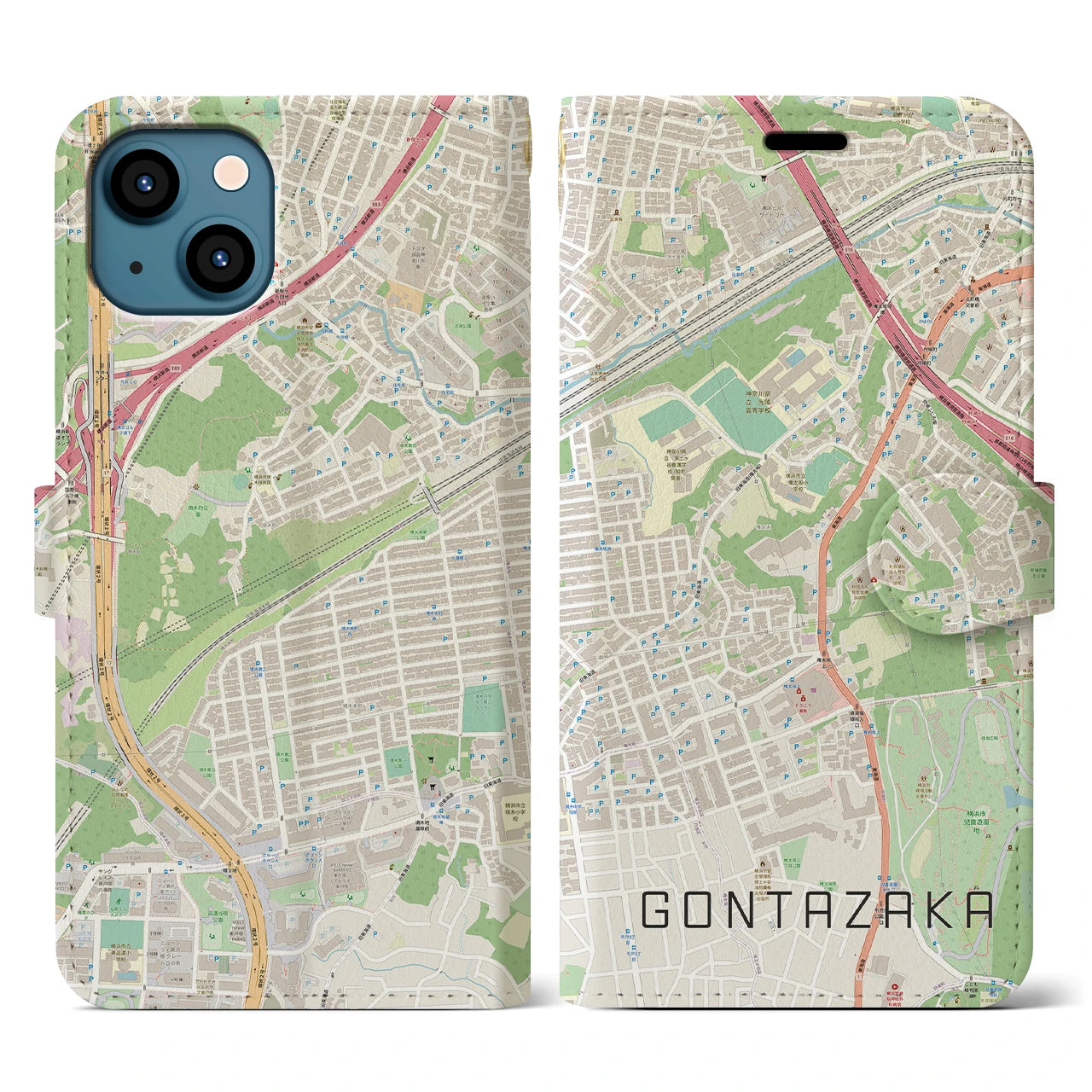 【権太坂(神奈川県)】地図柄iPhoneケース(手帳タイプ)ナチュラル・iPhone 13 用