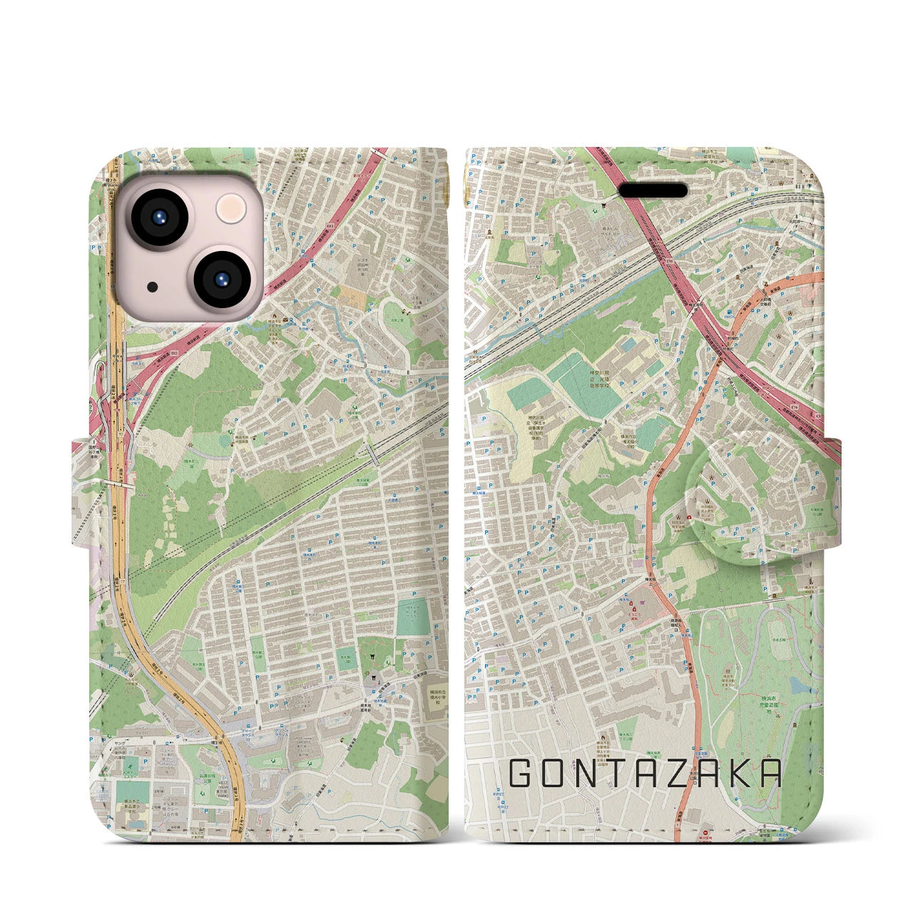 【権太坂(神奈川県)】地図柄iPhoneケース(手帳タイプ)ナチュラル・iPhone 13 mini 用