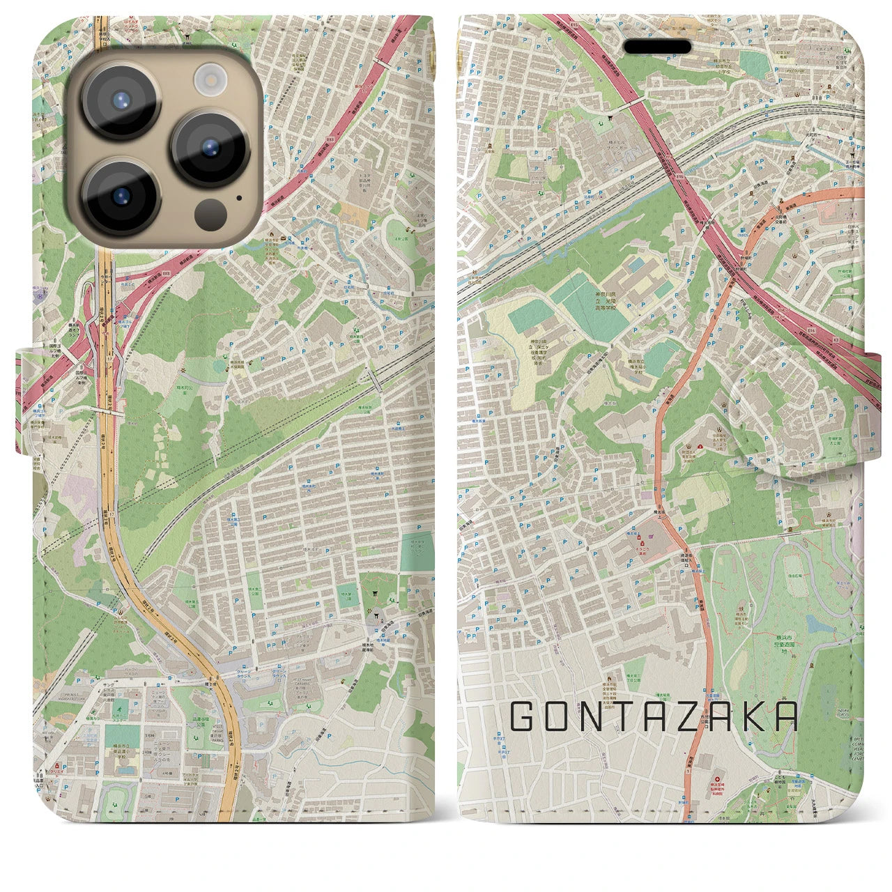 【権太坂(神奈川県)】地図柄iPhoneケース(手帳タイプ)ナチュラル・iPhone 14 Pro Max 用