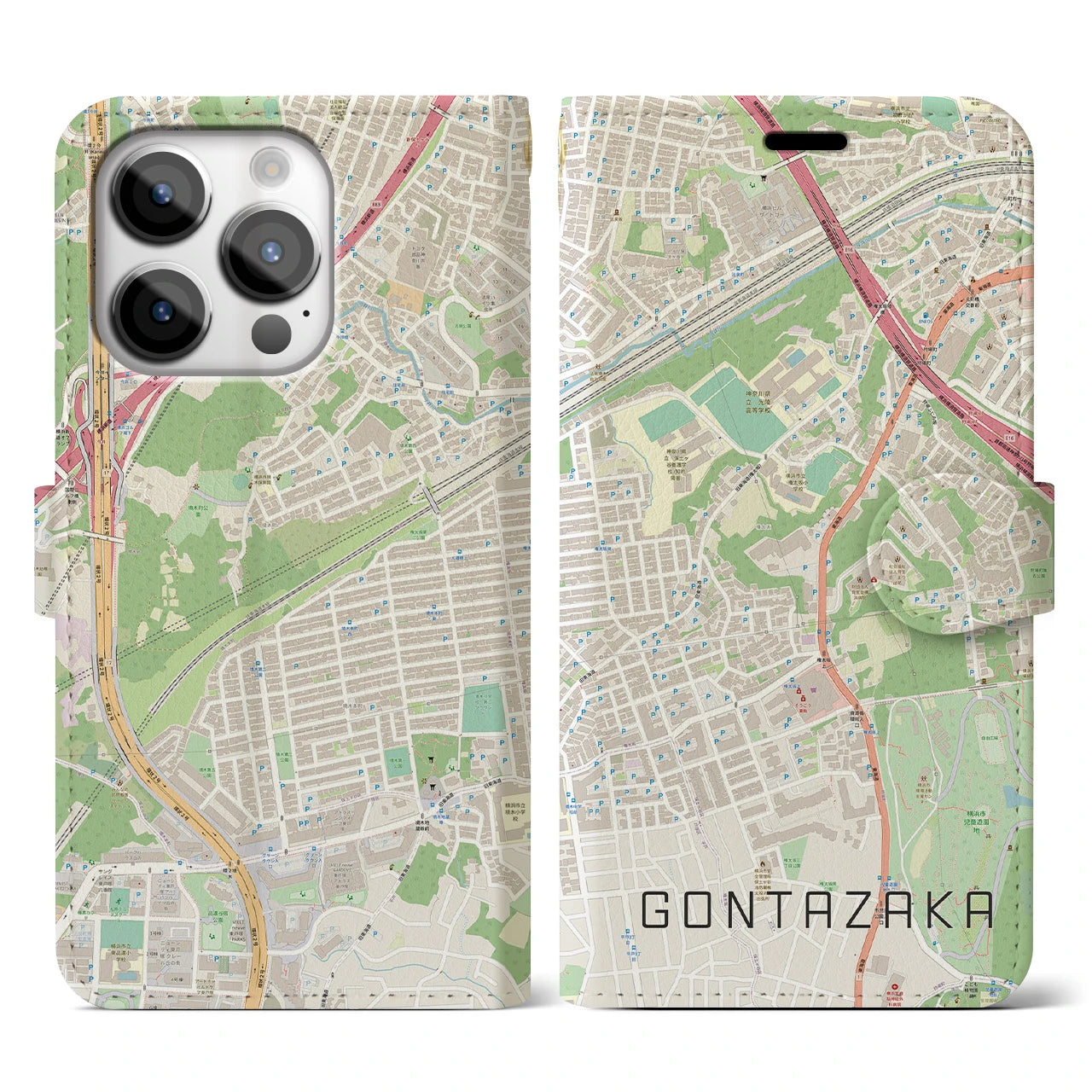 【権太坂(神奈川県)】地図柄iPhoneケース(手帳タイプ)ナチュラル・iPhone 14 Pro 用
