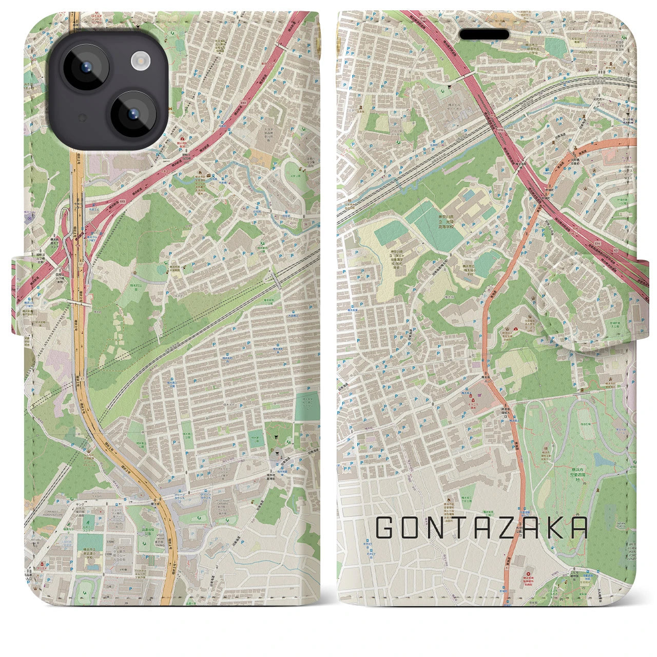 【権太坂(神奈川県)】地図柄iPhoneケース(手帳タイプ)ナチュラル・iPhone 14 Plus 用